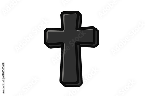 Black Christian cross vector icon. 3D cartoon style silhouette for religious and spiritual concepts. Faith, hope, and love symbol. Jesus crucifix illustration for Easter or memorial.