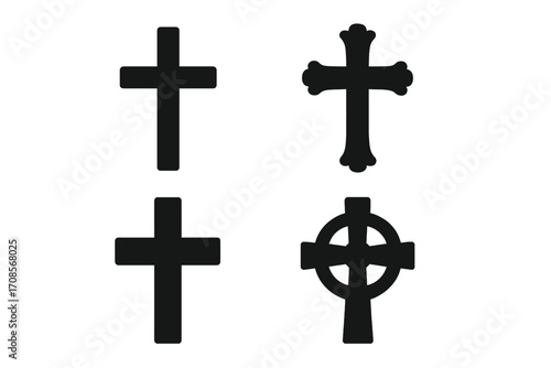 Christian cross silhouette set. Various religious symbols of faith and Jesus. Vector icon collection with different styles like Latin and Celtic cross for graphic design use.