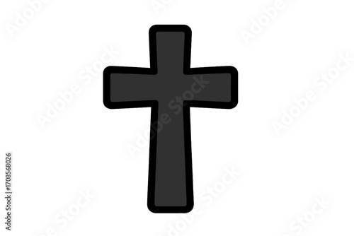 Christian cross symbol of faith and religion. Black crucifix silhouette icon. Holy spiritual sign for Easter or church concepts. Vector cartoon graphic illustration isolated.
