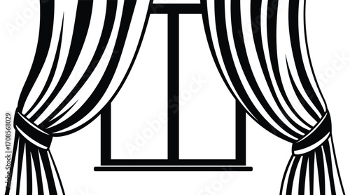 Black and white illustration of a window with striped curtains tied back vector