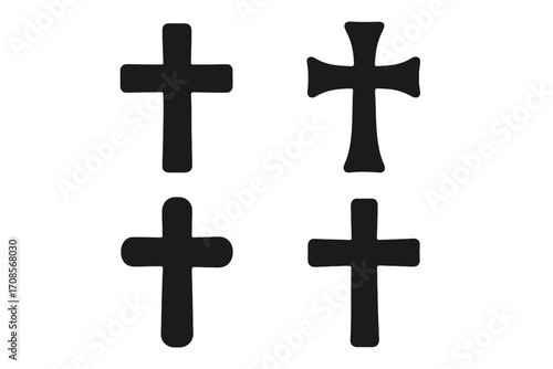 Set of black Christian cross silhouettes. Vector graphic illustration of various religious faith symbols. Holy crucifix icon collection for design isolated on white background.