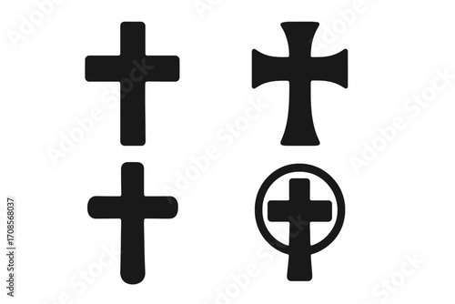 Christian cross sign symbol silhouette set. Vector graphic illustration of religious faith icons. Black crucifix collection for church, god, and spirituality concepts.