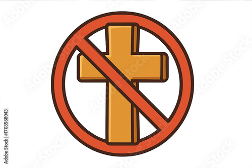 No religion abstract symbol. Atheist sign. Anti-christianity concept. Crossed out christian cross. Prohibition of faith and worship. Religious intolerance. Vector icon.
