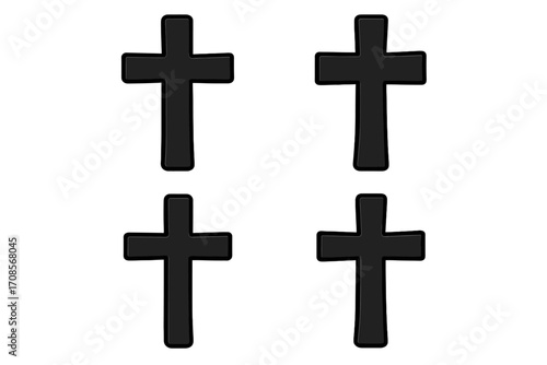 Black cross vector set. Christian religion symbol silhouette. Faith, crucifix, and church icon collection. Simple cartoon grave or death sign illustration for design.