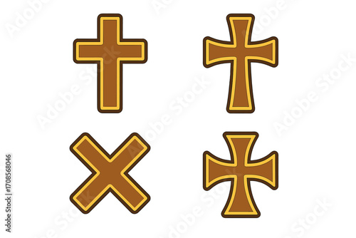 Christian cross symbol set. Religion icon collection. Vector graphic illustration. Latin, Saint Andrews Saltire, Pattee Cross. Holy faith sign. God, Jesus, crucifix. Church.