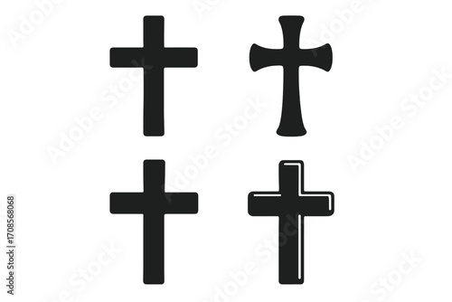 Christian cross symbol set. Black religious silhouette icons. Vector graphic illustration for faith, crucifix, catholic, and church concepts. Spiritual design elements isolated.
