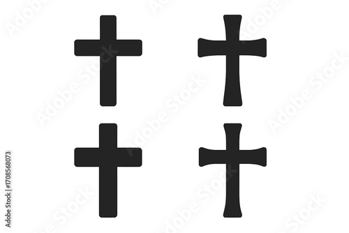 Set of black Christian cross silhouettes. Religious symbol collection. Vector icons for faith, spirituality, and belief. Jesus, Easter, and church graphic design elements.