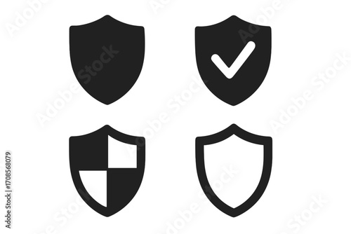 Shield icon set. Security, protection symbol. Safety, guard, defense concepts for web. Vector check mark for approved access, data privacy, and antivirus. Flat minimal logo element.