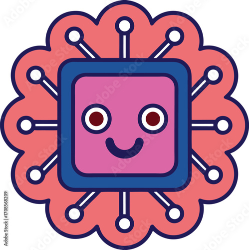 Cute smiling square chip with pink flower like radiating lines