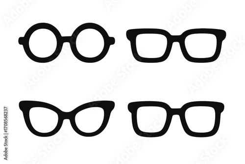 Set of glasses vector icons. Different eyeglasses styles. Fashion, retro and modern eyewear silhouettes. Hipster, nerd, geek spectacles frames collection. Vision symbol.