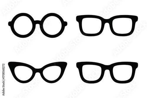Eyeglasses set vector silhouette icon collection. Different types of fashion eyewear frames. Retro cat eye, vintage round, nerd & hipster styles. Optical accessory symbol.