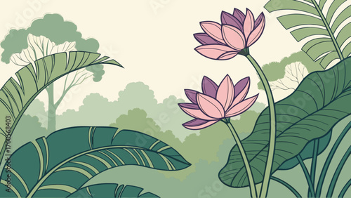 Beautiful floral illustration of lotus flowers and tropical leaves in a serene nature scenery