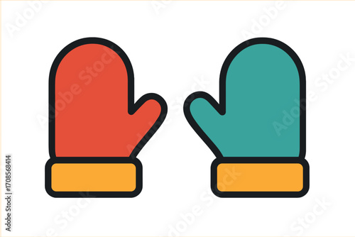 Pair of warm winter mittens icon. Colorful cartoon vector illustration of a cold weather clothing accessory. Flat design glove symbol for kids. Isolated graphic element for winter.