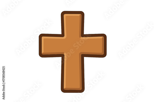 Wooden cross vector icon. Christian religious symbol of faith and salvation. Cartoon illustration of a holy crucifix. Isolated graphic element for church or Easter design.