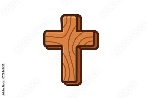 Wooden cross vector icon. Christian religious symbol of faith. Cartoon illustration of a wood crucifix. Holy object for church, Easter, and Christianity concepts. God, Jesus, salvation.