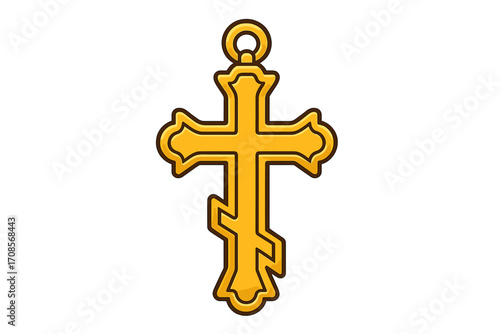 Golden Orthodox cross vector icon. Russian Christian religious symbol. Gold crucifix pendant illustration. Faith and spirituality concept. Cartoon flat style object isolated.