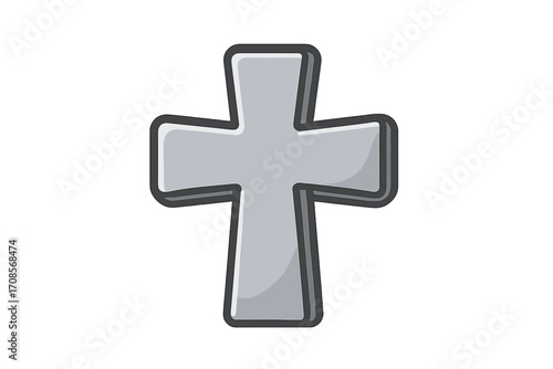 Silver cross symbol in flat cartoon style. Christian religious vector illustration. Faith, spirituality and belief concept. Shiny metallic crucifix icon for Easter or church design.
