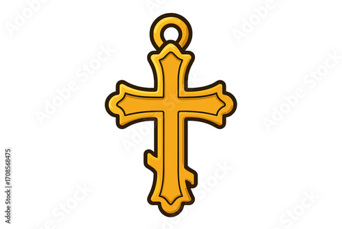 Golden Orthodox cross vector icon. Christian religious symbol in flat cartoon style. Gold crucifix pendant, jewelry illustration isolated. Faith, spirituality, church sign.