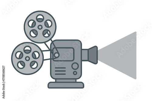 Vintage movie projector flat style vector cartoon illustration with transparent background, classic film reel cinema equipment, film screening device set for media and entertainment