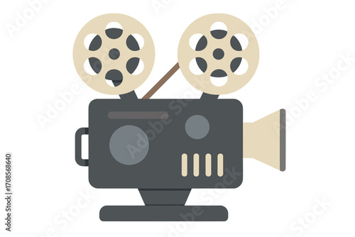 Vintage movie projector flat style vector cartoon illustration with film reels, classic cinema equipment silhouette, retro film camera design, isolated transparent background graphic
