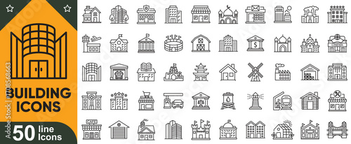 Building icons set collection. Architecture, skyline, hospital, apartment, school, house, office, hotel, landmark and more. vector illustration pack.