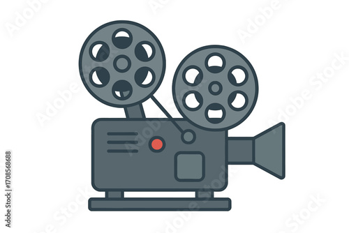 Vintage movie projector flat style vector illustration with film reels, classic film camera cartoon graphic template, cinema equipment with transparent background, retro movie gear design