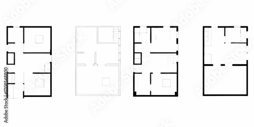 Four different minimalist floor plan designs showing house layouts and room divisions