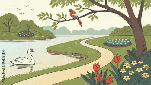 Beautiful nature scene with swan lake parrot tree flowers path and birds vector illustration art