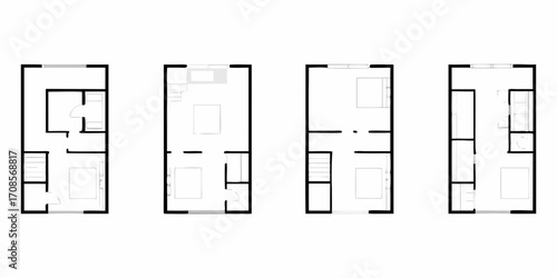 Collection of simplified floor plans for small houses or apartments showing different layouts and room arrangements