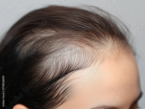 Close-Up of Woman’s Scalp Showing Hair Thinning Along Hairline, Alopecia