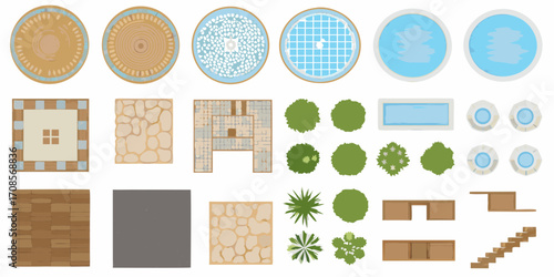 Top down view of various outdoor elements including patios pools trees and furniture