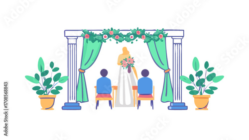 Elegant wedding ceremony illustration with bride groom and floral arch wedding decoration design