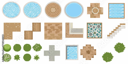 Top down view collection of garden elements and outdoor features for landscape design