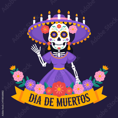 Dia de Muertos catrina, elegant skeleton in purple dress, candle hat, flower wreath, ribbon banner, vibrant vector
