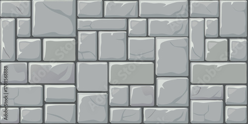 Seamless pattern of irregularly shaped grey stone blocks forming a textured wall background