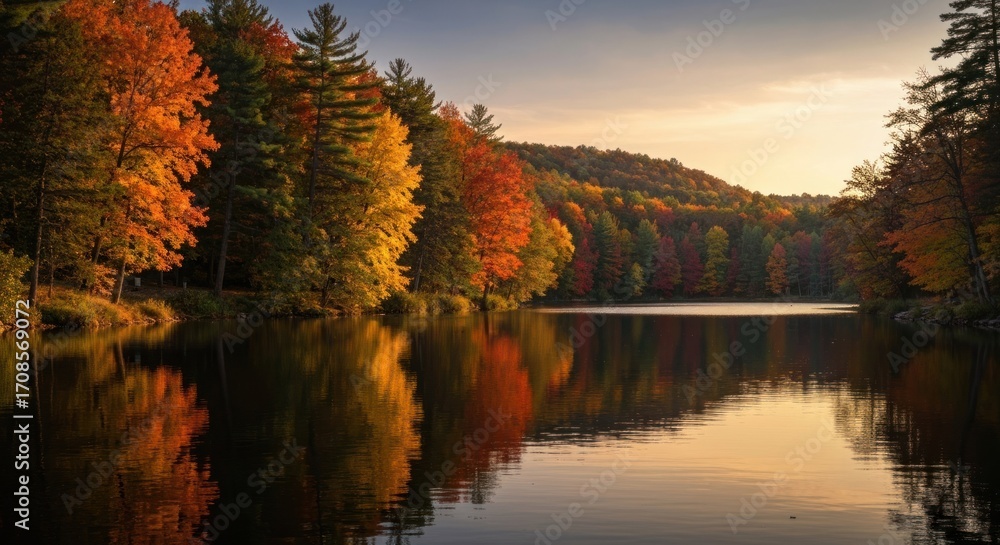 Obraz premium Autumnal lake reflecting vibrant foliage