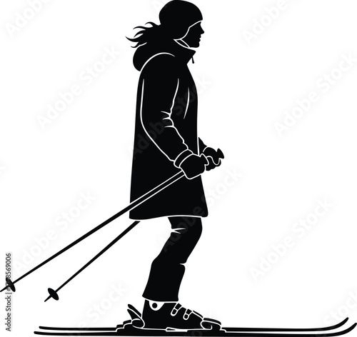 Silhouette of skier in winter clothing with ski poles and skis, representing winter sports, outdoor activity, skiing technique, and alpine adventure