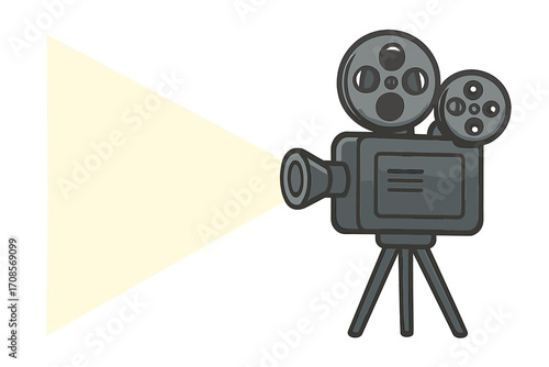 Vintage film projector with glowing light beam. Retro cinema movie camera illustration. Classic movie filming equipment on tripod. Media, entertainment, video production concept.