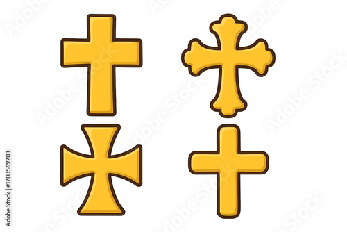 Silver cross icon set flat style vector cartoon illustration collection with transparent background religious Christian symbols various shapes designs
