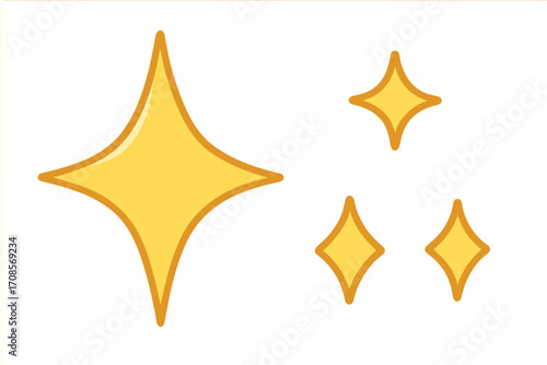 Shine icon set with sparkling flash symbols, flat style vector cartoon illustration, glowing star shapes with golden outline, radiant light effects, transparent background