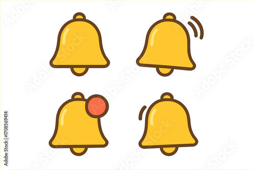 Flat style cartoon yellow bell icon set, notification alert symbols vector, ringing bell with sound waves, message alert badge, notification icons collection