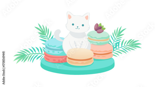 Cute white cat with pastel macarons and tropical leaves illustration for bakery and dessert lovers