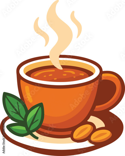 Steaming cup of coffee or tea with beans and leaves, cozy cartoon-style vector illustration for café and lifestyle themes