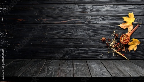 Fototapeta Naklejka Na Ścianę i Meble -  Dark wood table with spices and autumn leaves