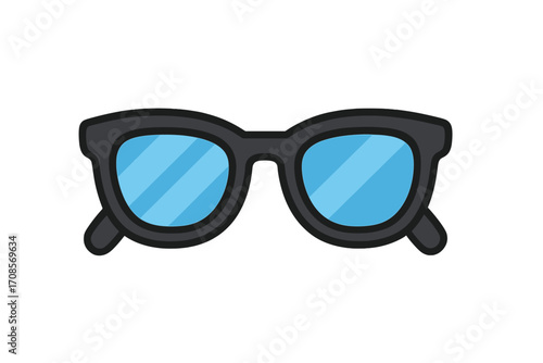 Stylish flat sunglasses icon with blue lenses, summer eyewear vector cartoon illustration, cool sun protection glasses, transparent background, trendy accessory design