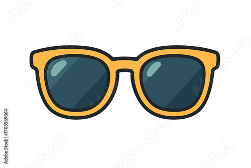 Bright yellow sunglasses icon with dark lenses, flat vector cartoon illustration, summer eyewear, stylish fashion accessory, transparent background graphic design, trendy eye protection