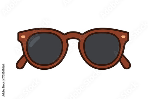 Stylish flat hipster sunglasses icon with round brown frame and dark lenses, vector cartoon illustration with transparent background, fashion accessory, summer eyewear