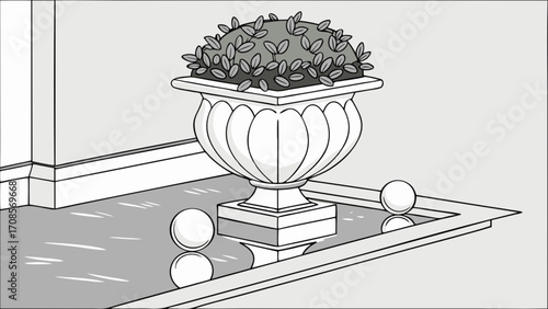 Elegant indoor plant arrangement in decorative urn on reflective surface design element vector