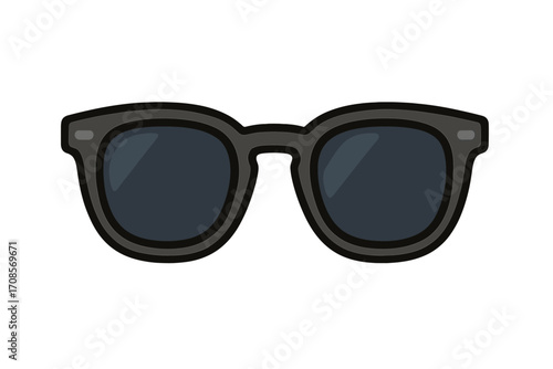 Stylish black hipster sunglasses icon vector. Flat design cartoon glasses with dark lenses, trendy eyewear accessory, summer fashion, transparent background illustration.