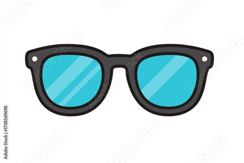 Stylish black frame sunglasses icon with blue lenses, flat vector cartoon illustration, summer eyewear, casual sun protection glasses, transparent background